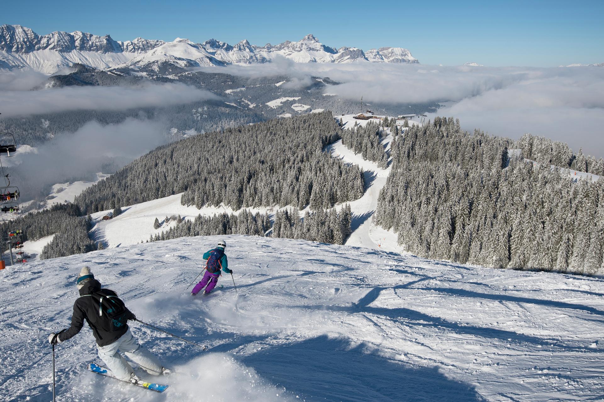 2 skiiers skiing down quiet ski slope with trees in background